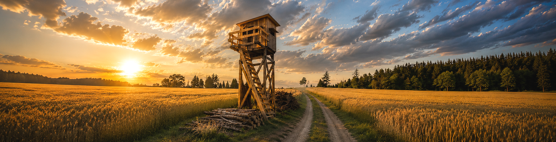 Jagdkanzel im Revier bei Sonnenuntergang als Symbol für jagdliche Praxis und Beratung